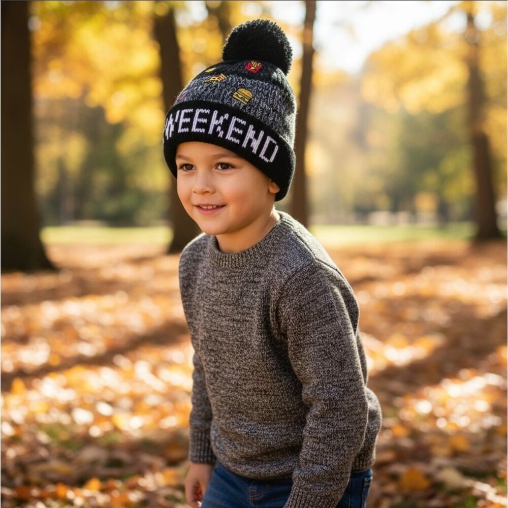 Children’s Place ✦ Weekend Knit Beanie ✦ Black Pom Pom Hat Food Patches Ages 4-7